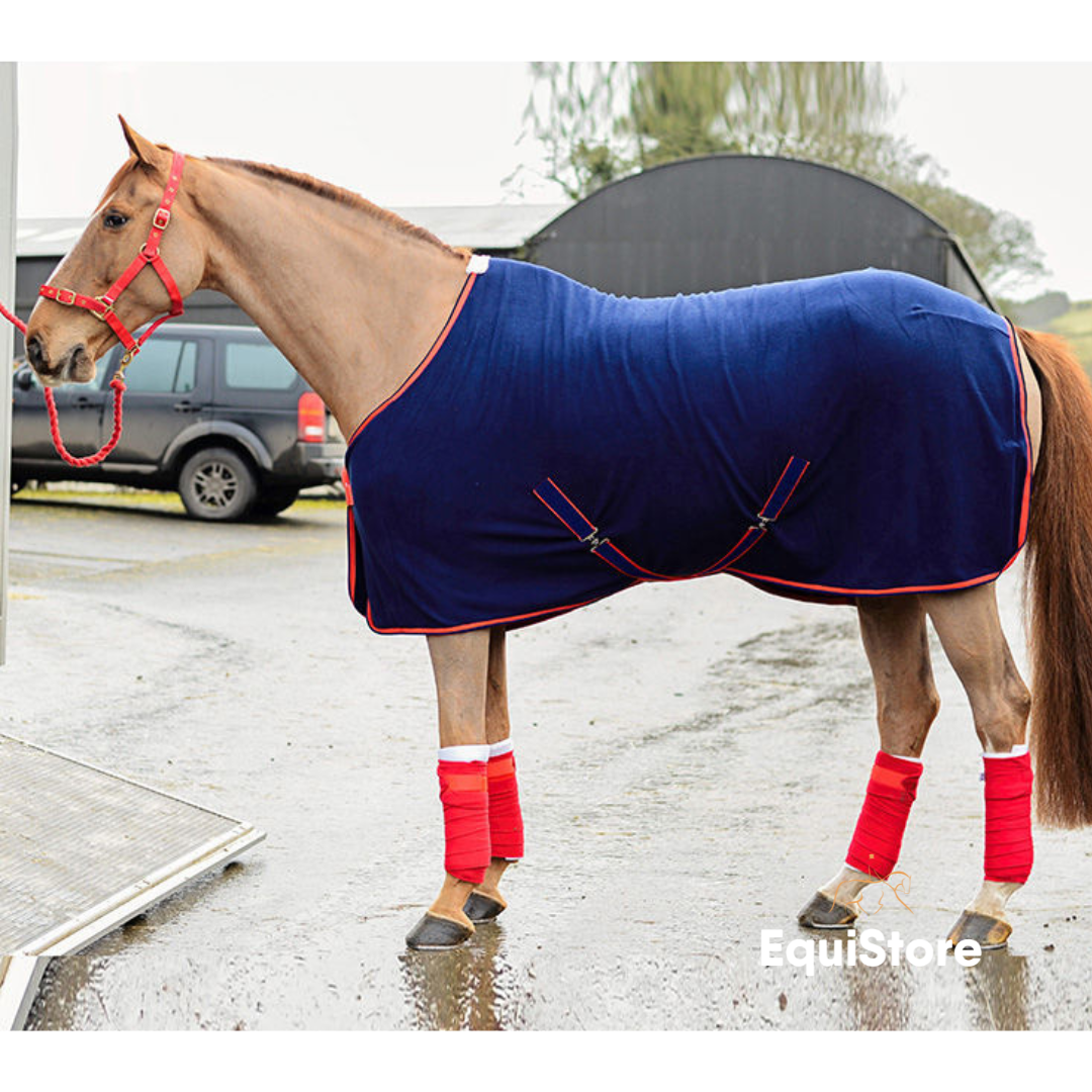 EquiSential Fleece Cooler a navy travel rug for your horse.