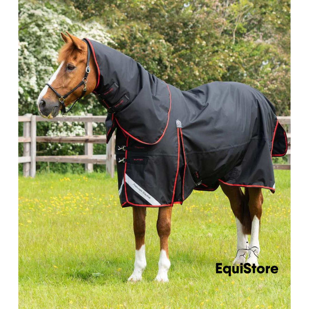 Premier Equine Buster 250g Turnout Rug with Classic-Fit Neck Cover for horses, in black