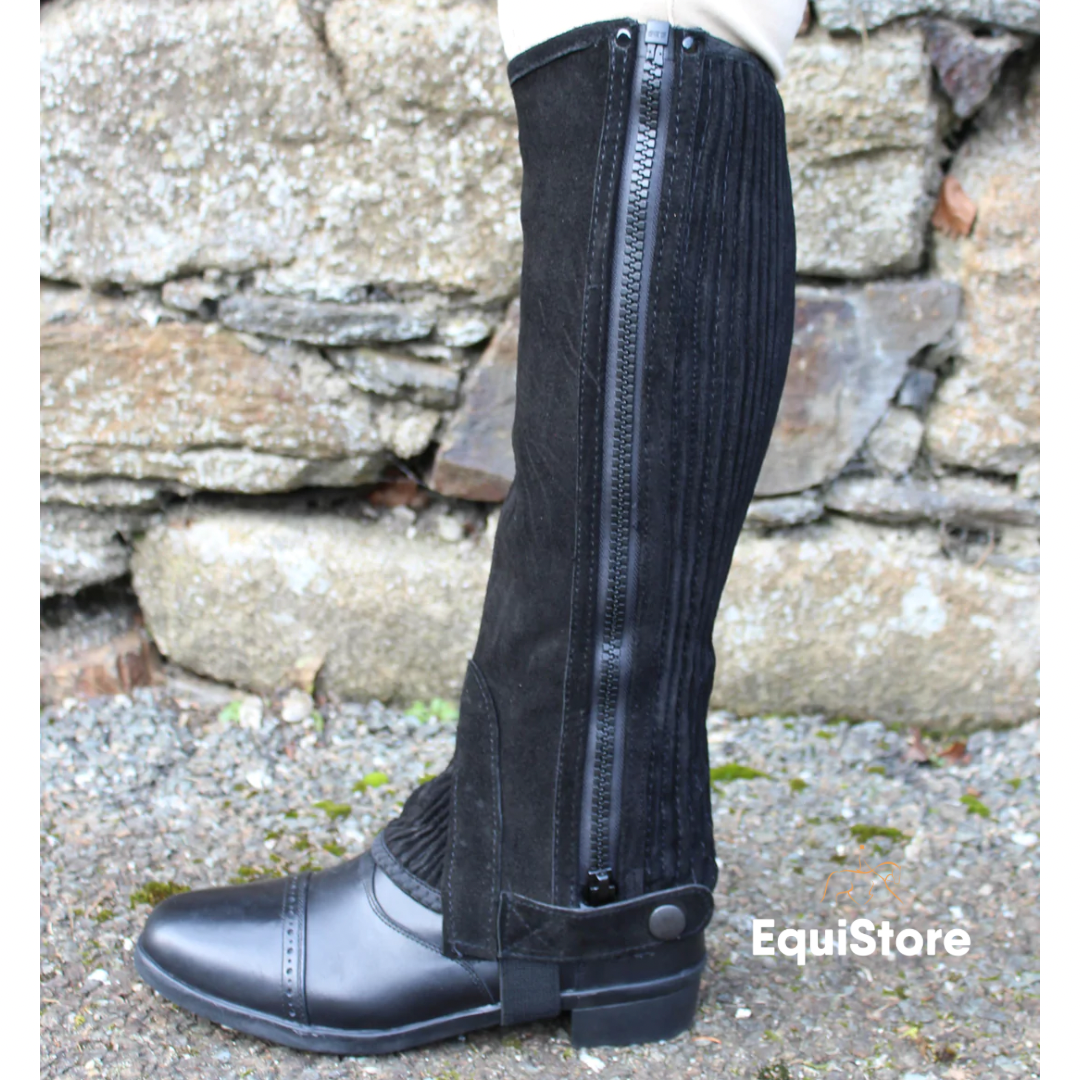 Medias Chaparreras De Piel Auténtica AK Riding - Cremallera Curva, Talla 4XL Negro