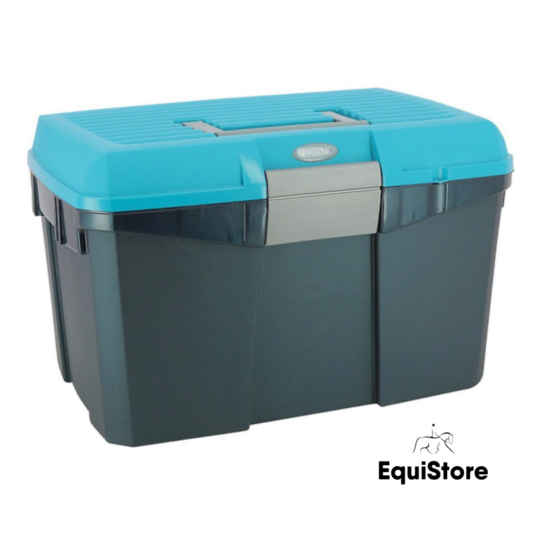 Hippotonic Grooming Box for your horse grooming brushes and accessories. In Navy with Turquoise lid.