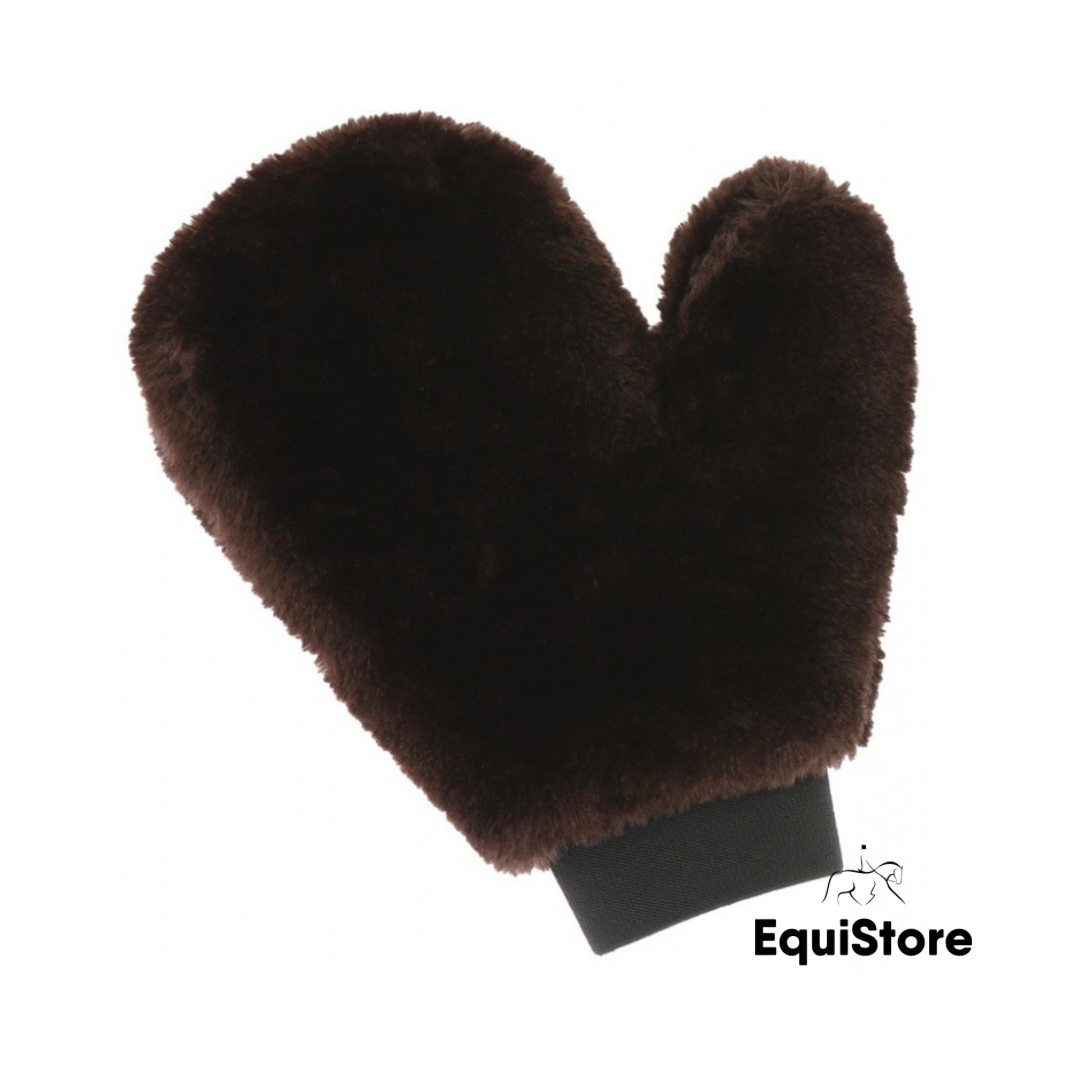 Hippotonic “Teddy” Grooming Mitt, a synthetic sheepskin grooming mitt for your horse.