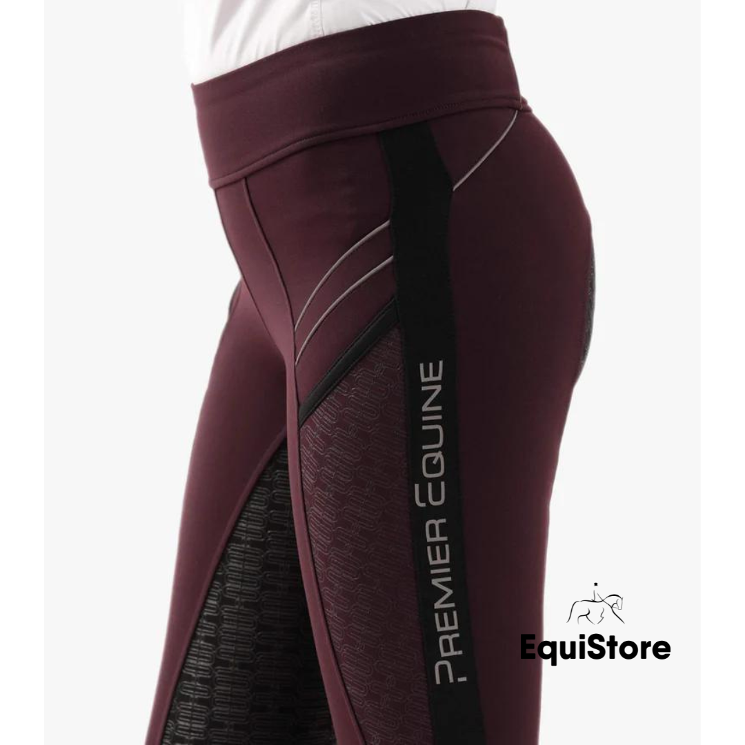 Premier Equine Astrid Girls Full Seat Gel Pull On Riding Jodhpur Tights in Wine