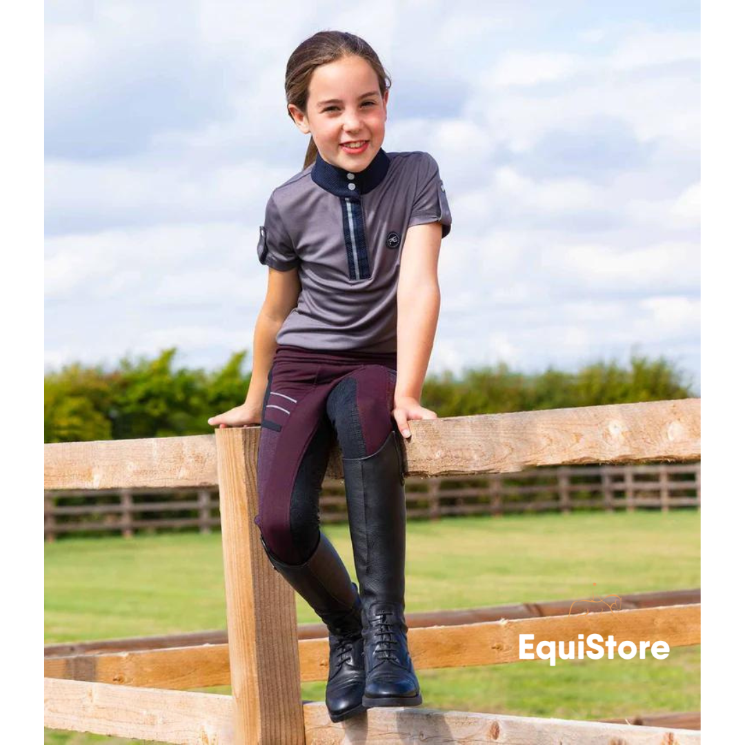 Premier Equine Astrid Girls Full Seat Gel Pull On Riding Jodhpur Tights in Wine