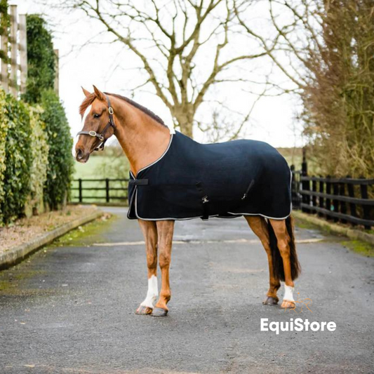 EquiSential NEW Fleece Cooler, a travelling rug for horses, in black with silver trim 