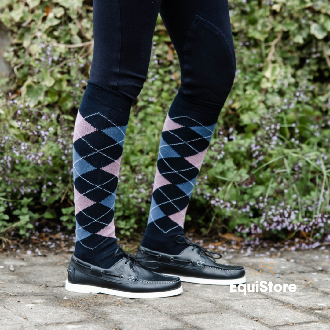 EquiSential Original Sockies, horse riding socks for equestrians in navy/pink argyle print 
