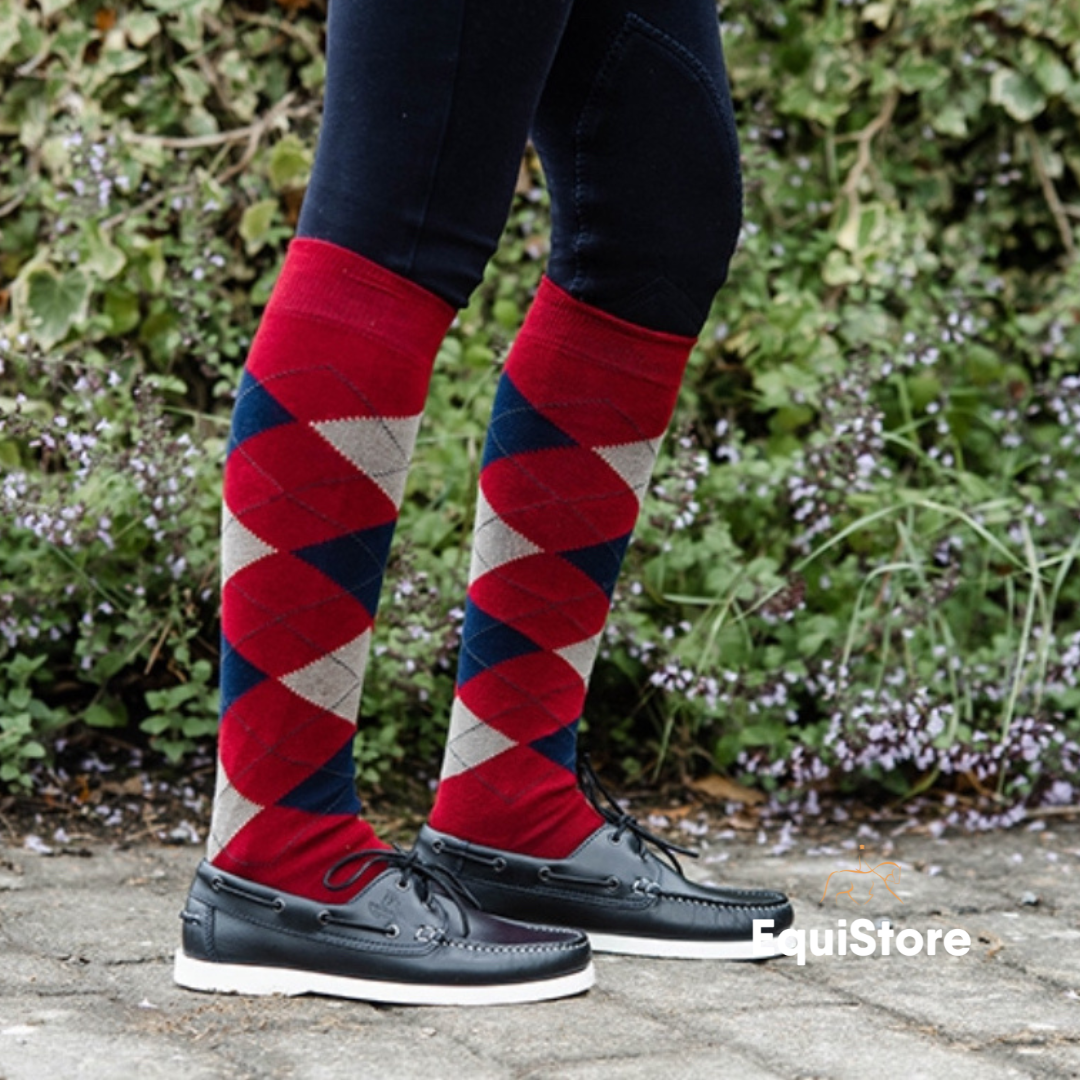 EquiSential Original Sockies, horse riding socks for equestrians in burgundy/beige argyle print 