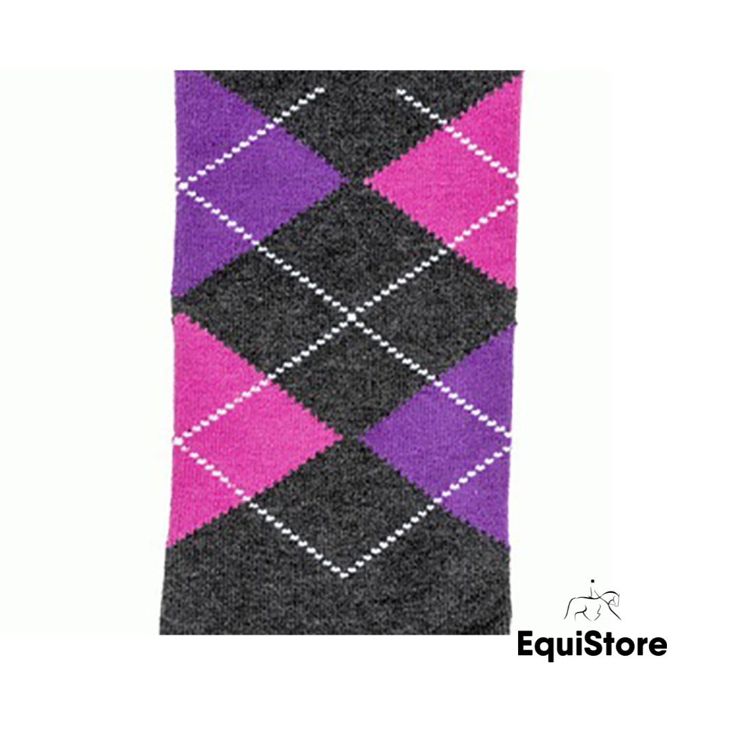 EquiSential Original Sockies, horse riding socks for equestrians in grey/pink/lilac argyle print 