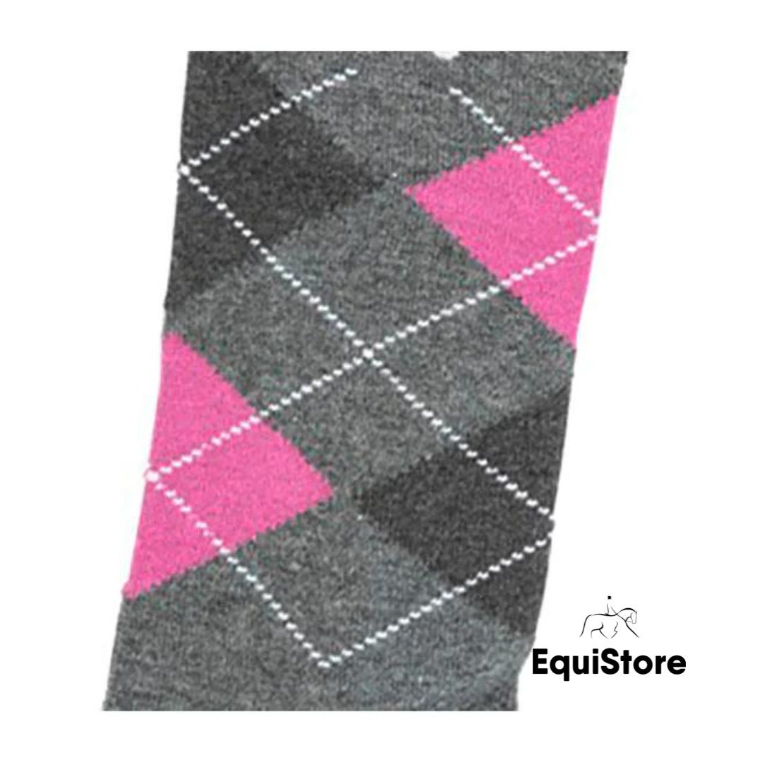 EquiSential Original Sockies, horse riding socks for equestrians in grey/pink argyle print 