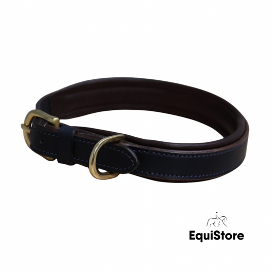 Mackey Padded Leather Dog Collar - Navy and Brown