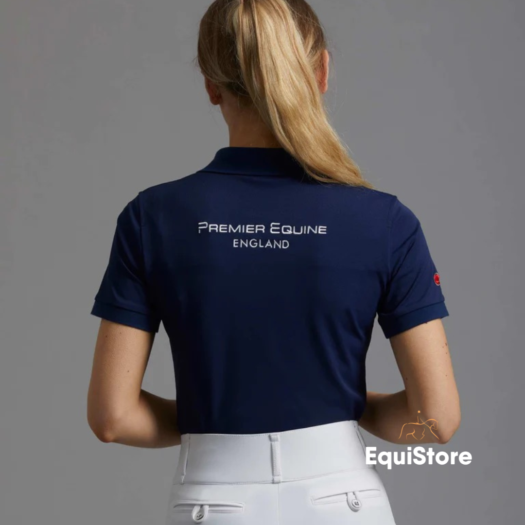 Premier Equine Ladies Team Polo Shirt in navy, back detail
