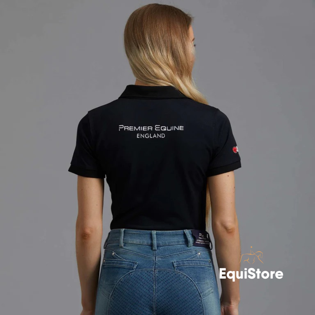 Premier Equine Ladies Team Polo Shirt in black, back detail
