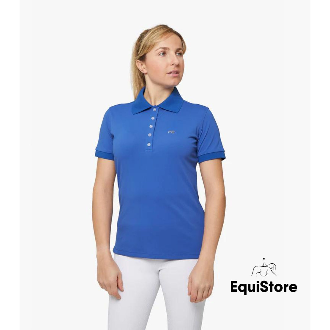 Premier Equine Ladies Technical Riding Polo Shirt in royal blue