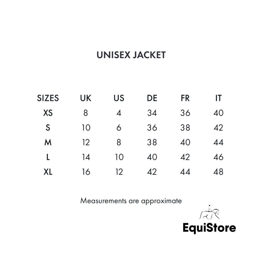 Premier Equine Lumen Reflective Waterproof Unisex Horse Riding Jacket - size guide