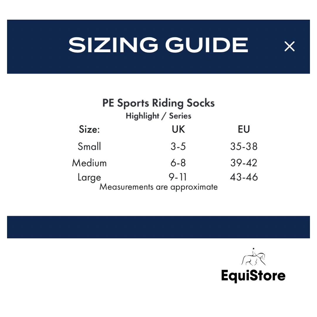 Premier Equine Sports Series Riding Socks (1 Pair) - size guide