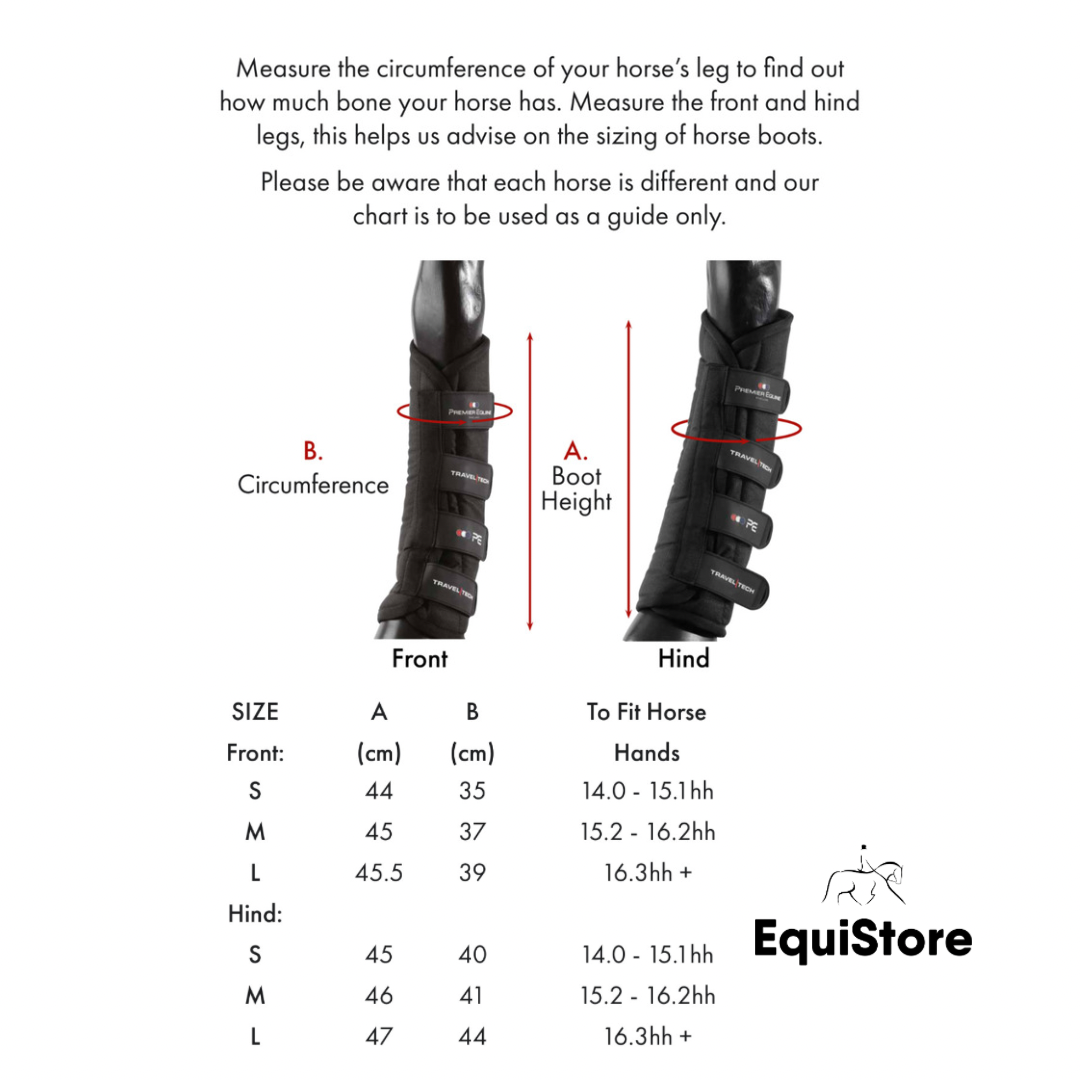 Premier Equine Travel Tech Travelling Boots size guide
