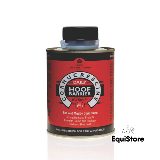 Cornucrescine hoof barrier for strengthening horses hooves.