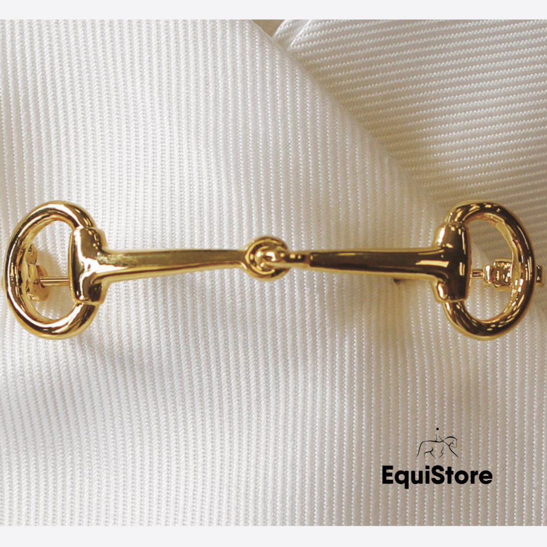 Equitech Gold Snaffle Stock Pin for equestrian activities such as dressage, hunting or eventing