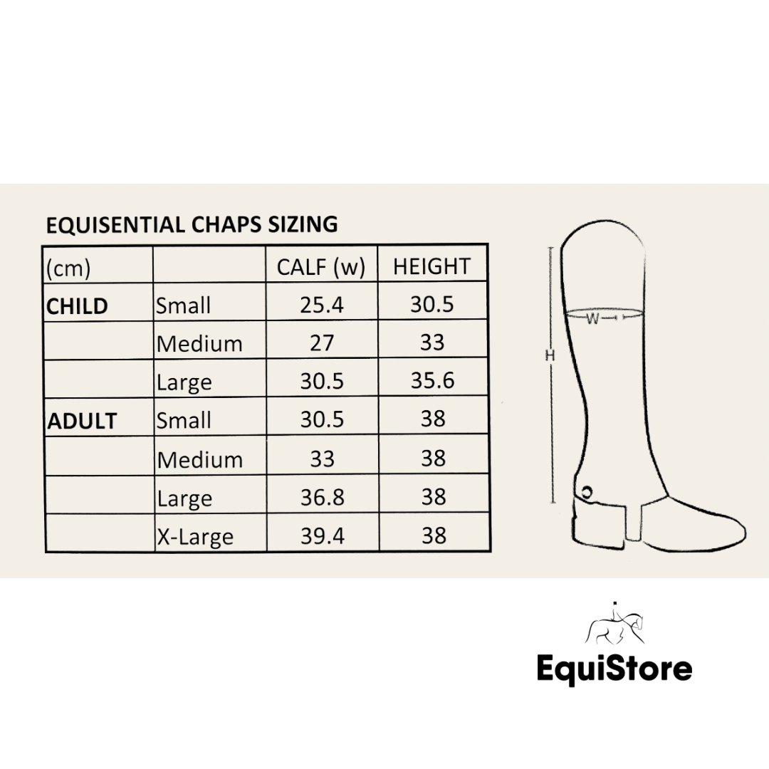 EquiSential Suede Half Chaps for horse riding - size guide