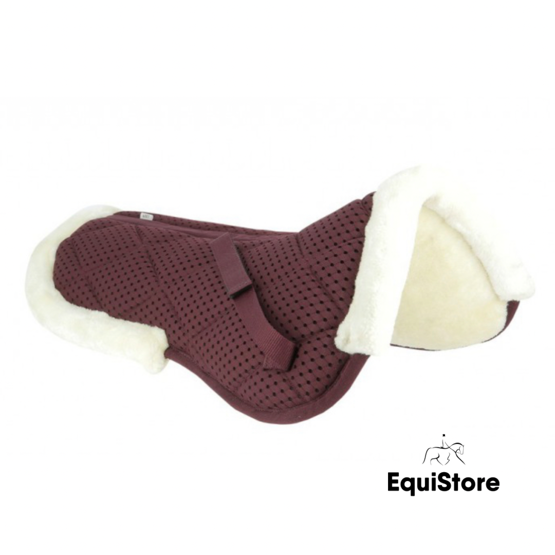 Equitheme “Pro Air” Back Pad is a faux sheepskin lined half pad for horses in burgundy