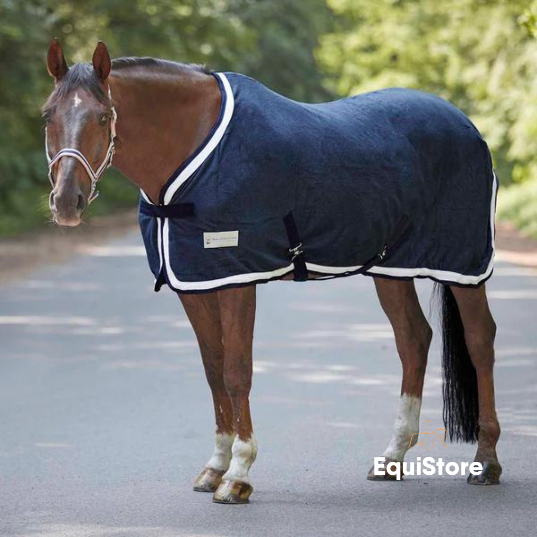Esperia Two Fleece Rug is a smart travel rug for your horse, in the colours dark blue and cream.