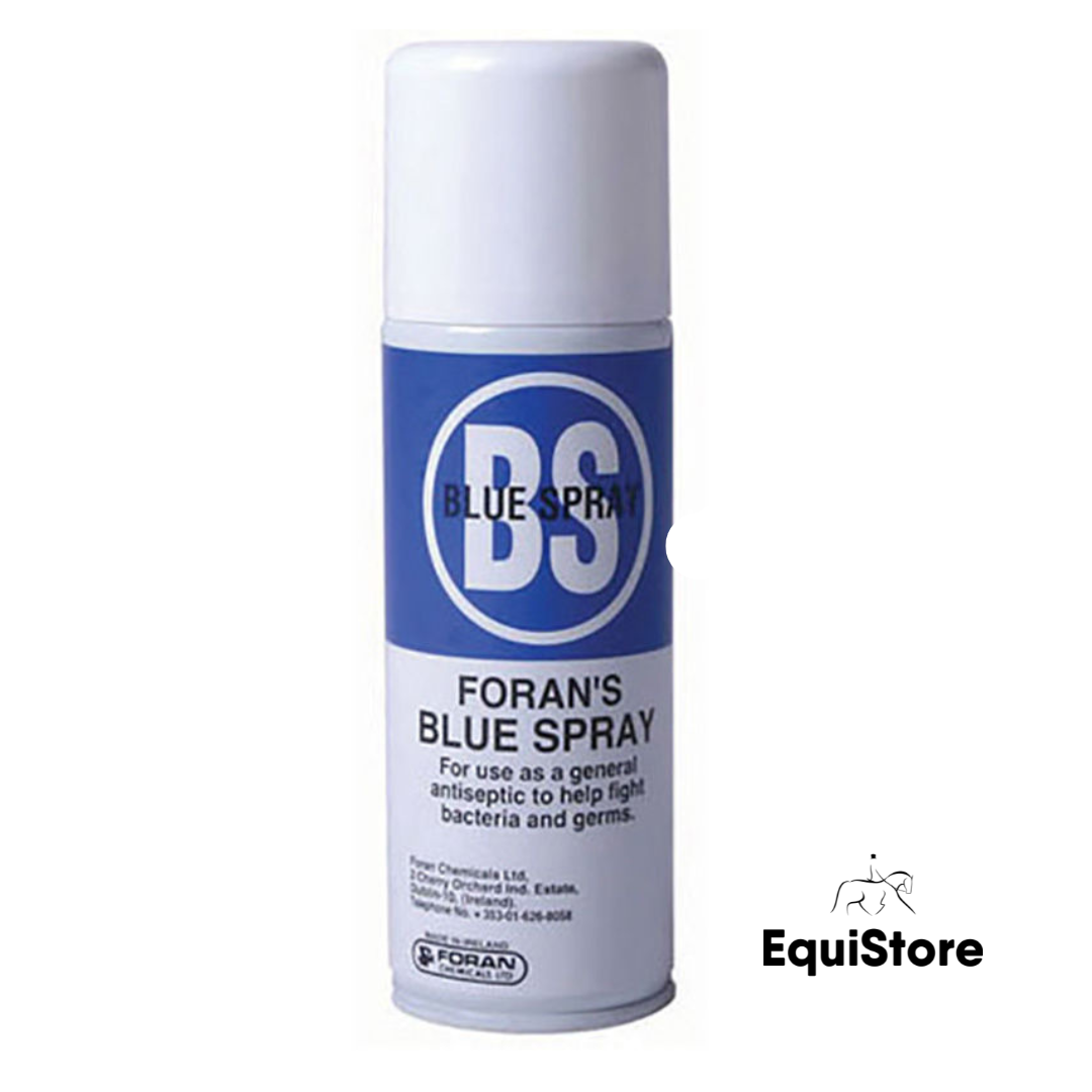 Foran blue spray is a medicinal spray for horses and other animals. A useful antiseptic spray for your horses first aid kit.