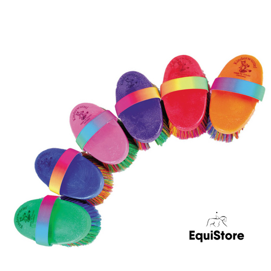 Multicoloured Haas Kids sized brush for grooming ponies. 