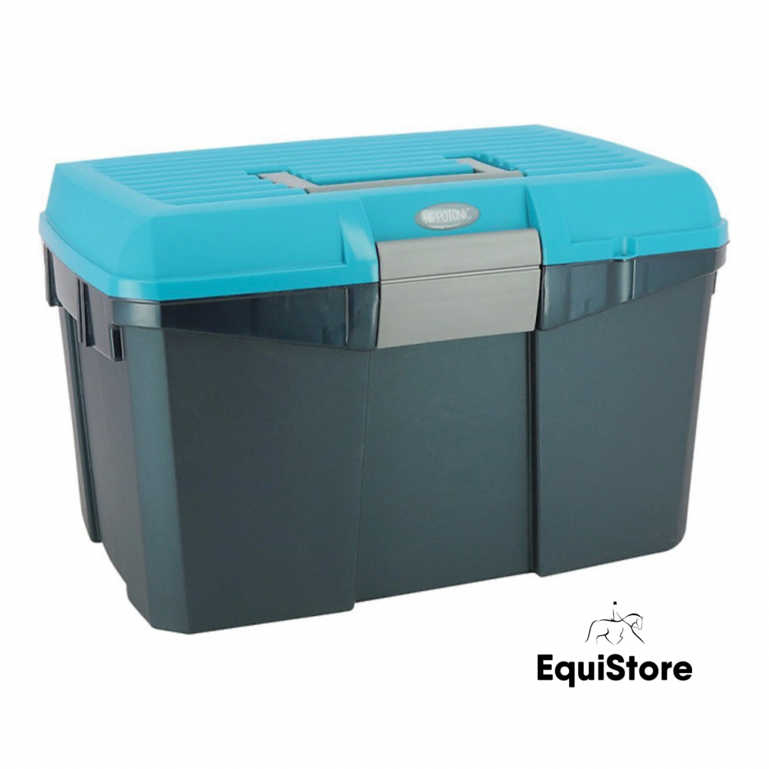 Hippotonic Grooming Box for your horse grooming brushes and accessories. In Navy with Turquoise lid. 