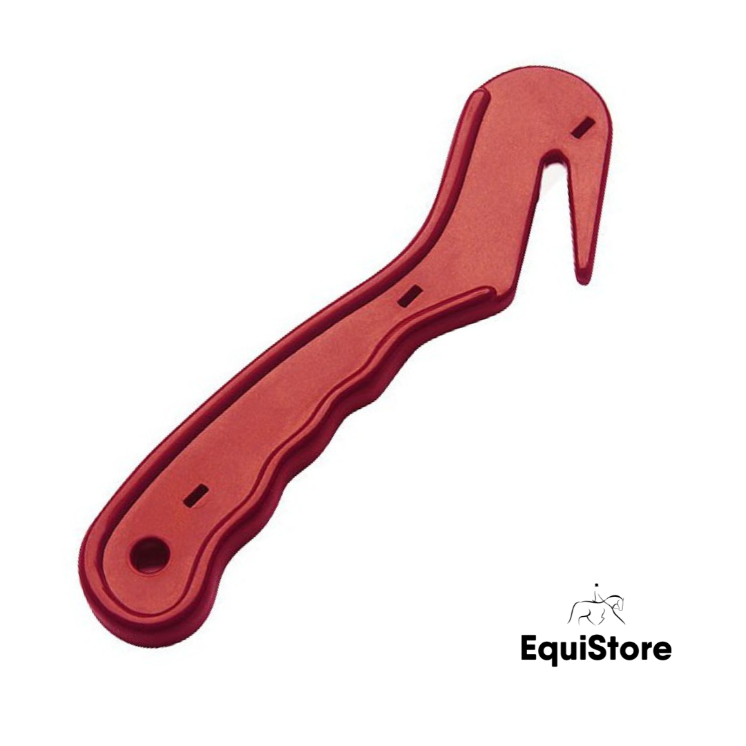 Hippotonic hay knife in red, for safe and easy opening of bales of hay and haylege.