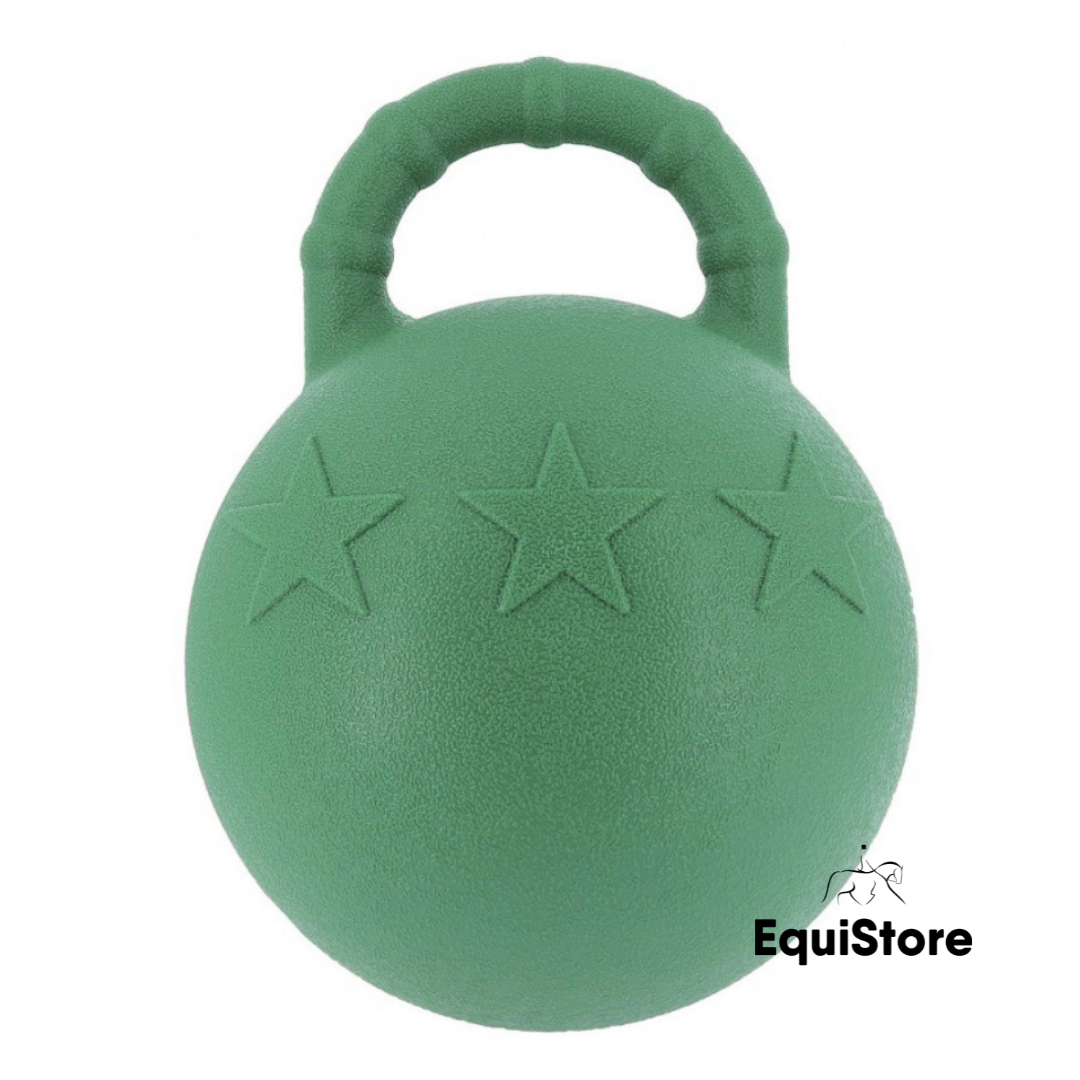 Hippotonic horse ball with handle in green, an equine toy. 