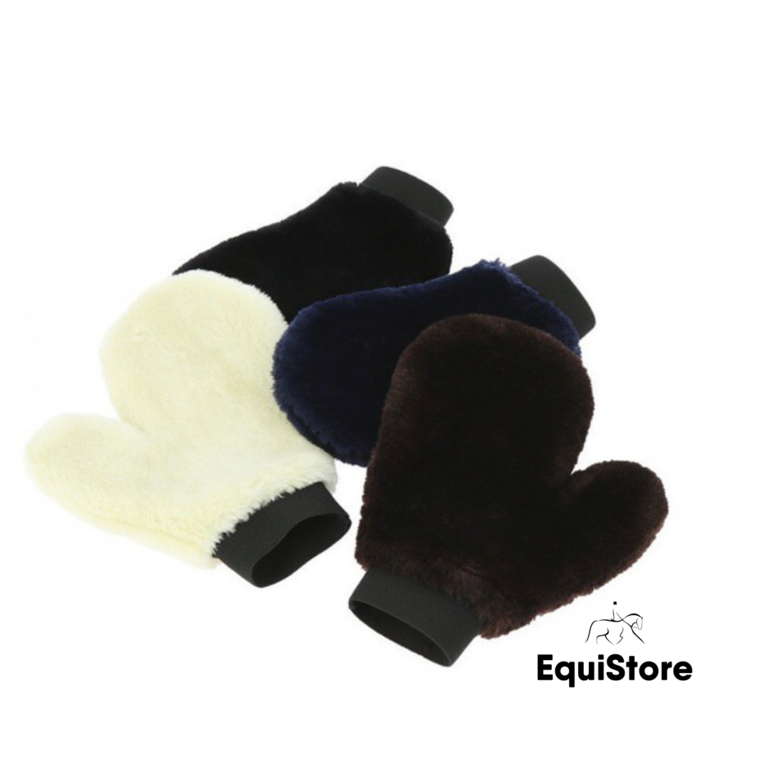 Hippotonic “Teddy” Grooming Mitt, a synthetic sheepskin grooming mitt for your horse.