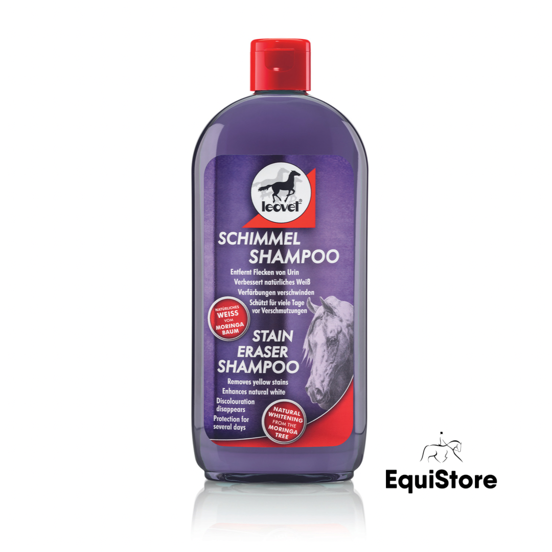Equine shampoo for grey and white horses and ponies. Leovet Shiny White Stain Eraser Shampoo.