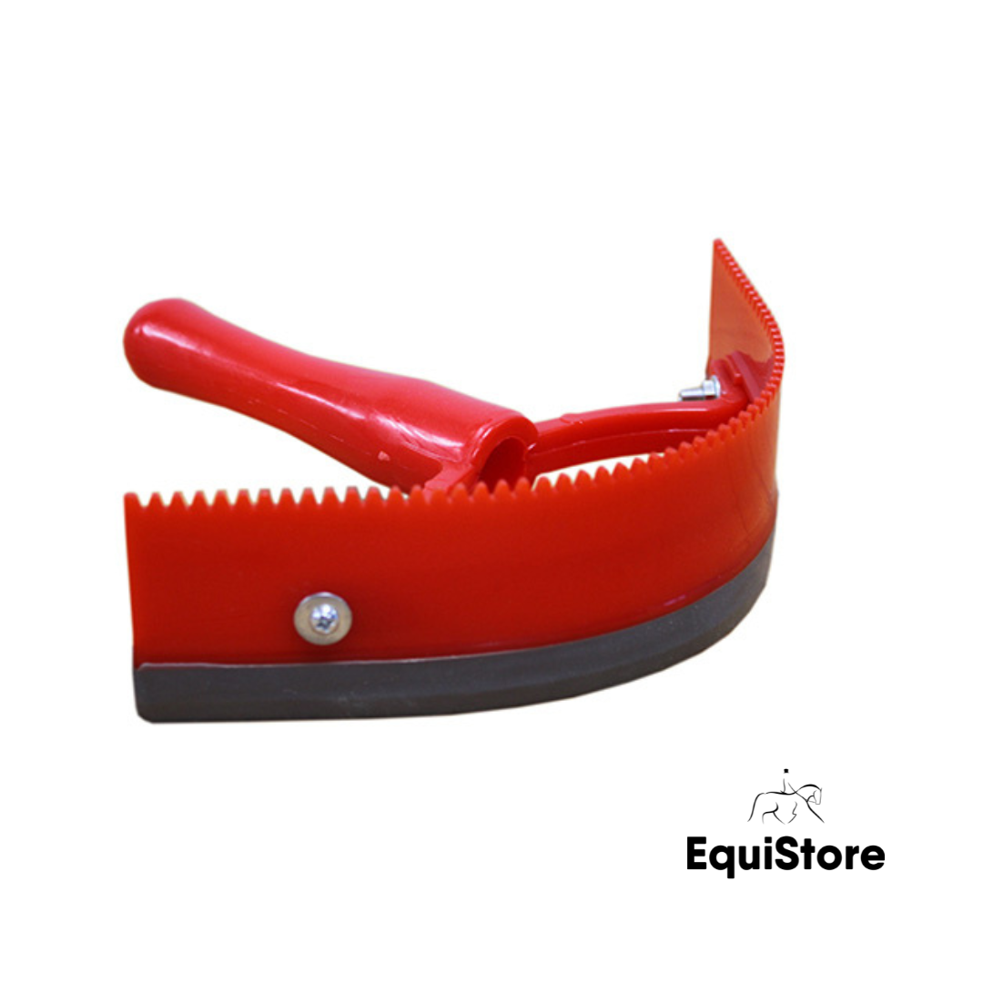 A horse grooming plastic sweat scraper featuring a rubber edge and a grooming teeth edge.