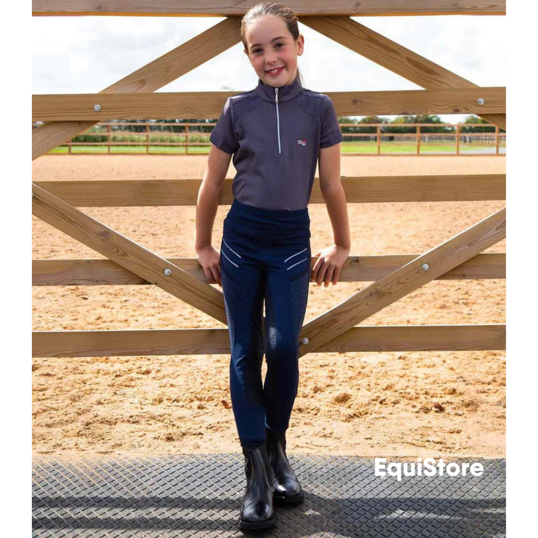 Premier Equine Astrid Girls Full Seat Gel Pull On Riding Jodhpur Tights in Navy