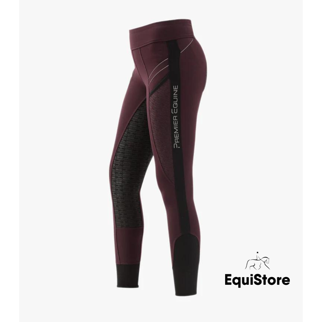 Premier Equine Astrid Girls Full Seat Gel Pull On Riding Jodhpur Tights in Wine