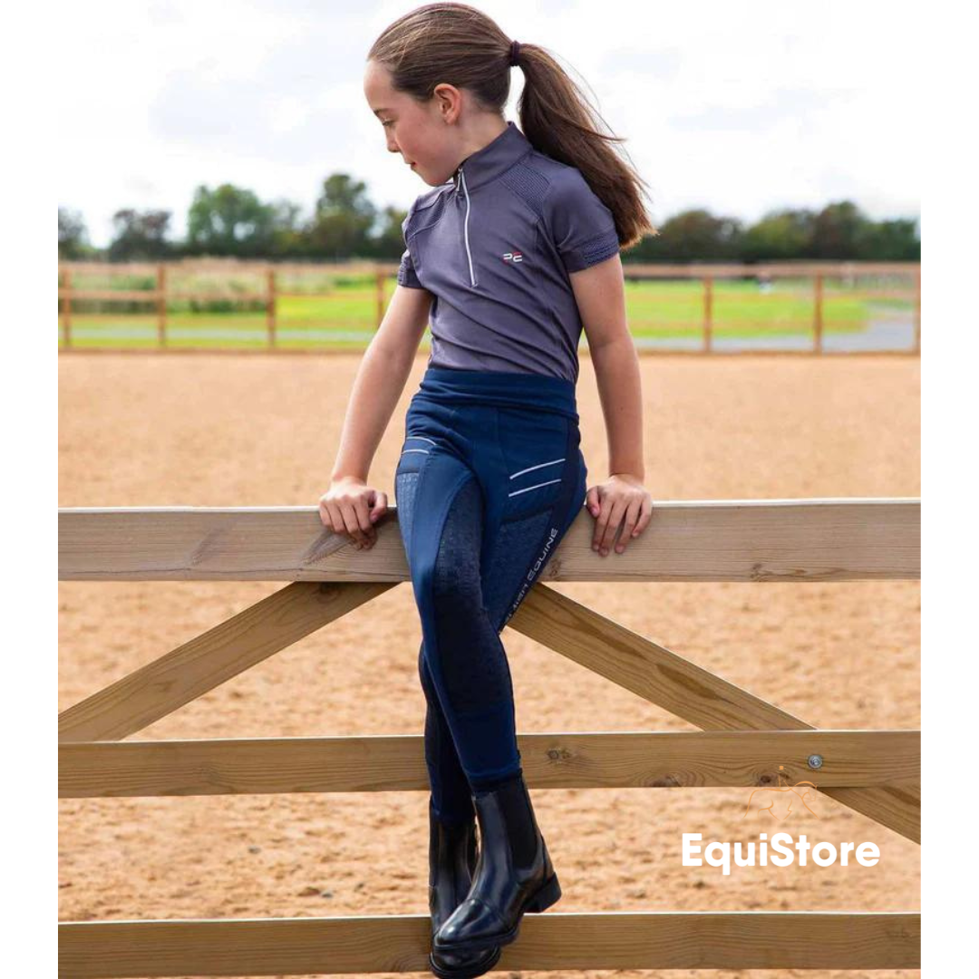 Premier Equine Astrid Girls Full Seat Gel Pull On Riding Jodhpur Tights in Navy