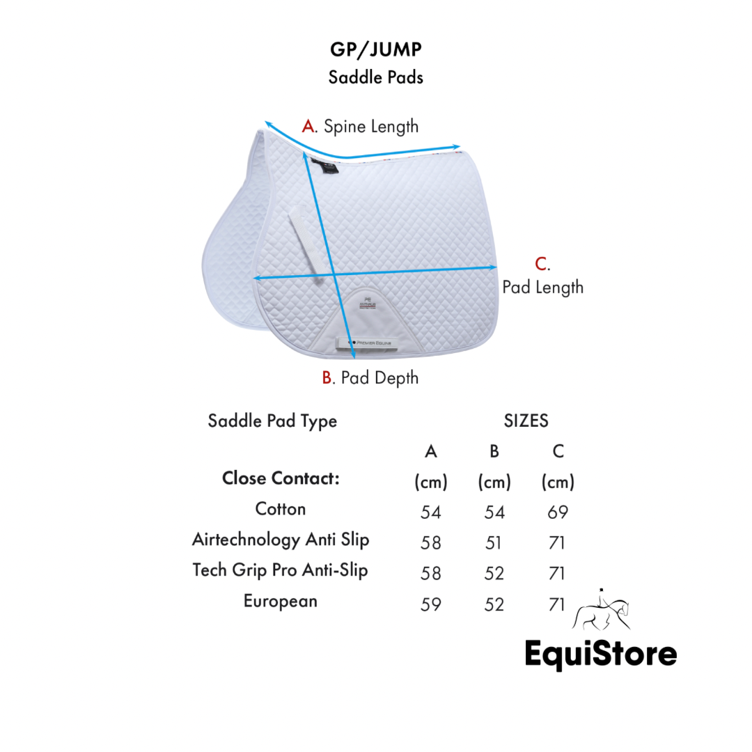 Premier Equine Azzure Anti-Slip Satin GP/ Jump Square saddle pad in Navy - size guide