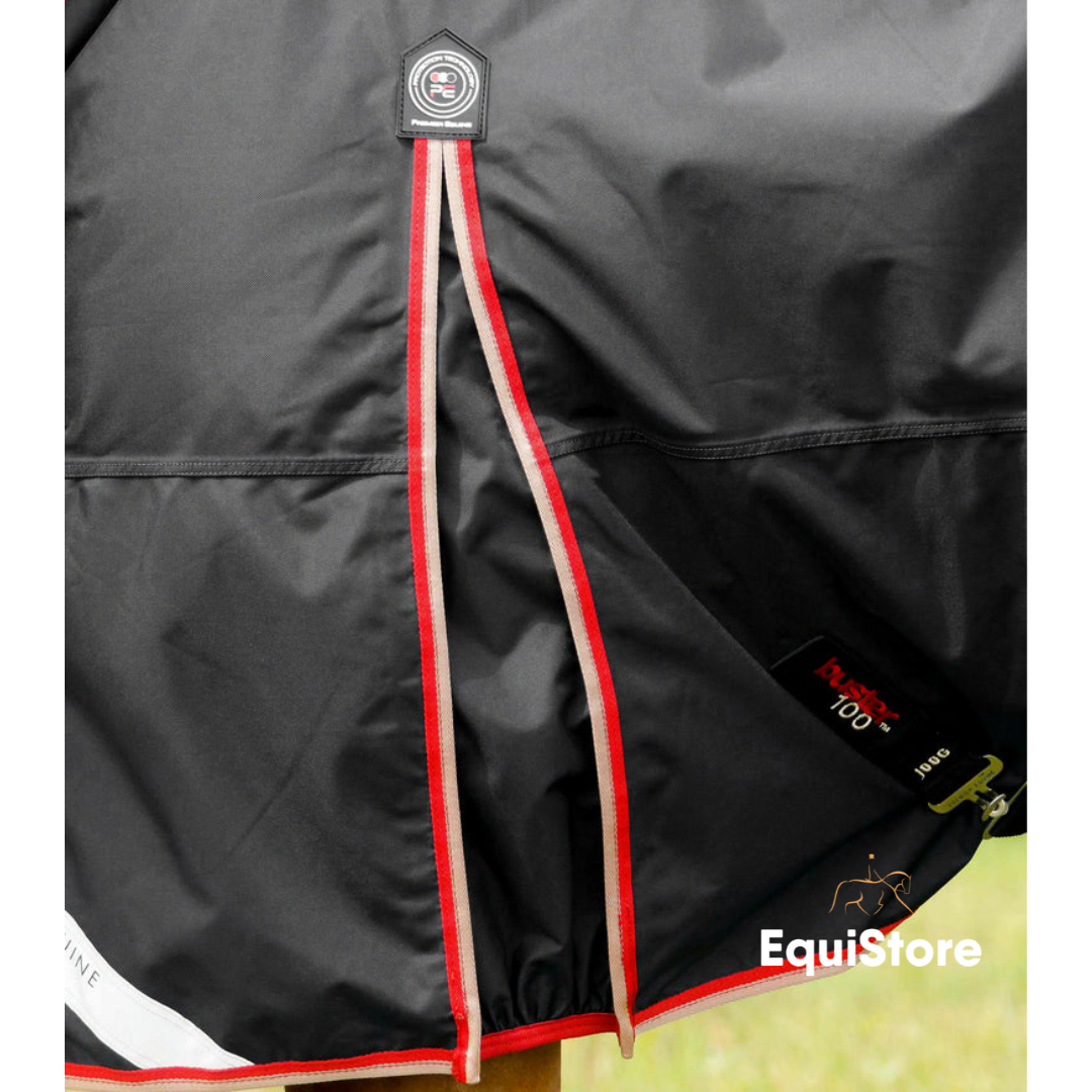 Premier Equine Buster 100g Turnout Rug with Snug-Fit Neck Cover for horses, in a black colour with shoulder gussets. 