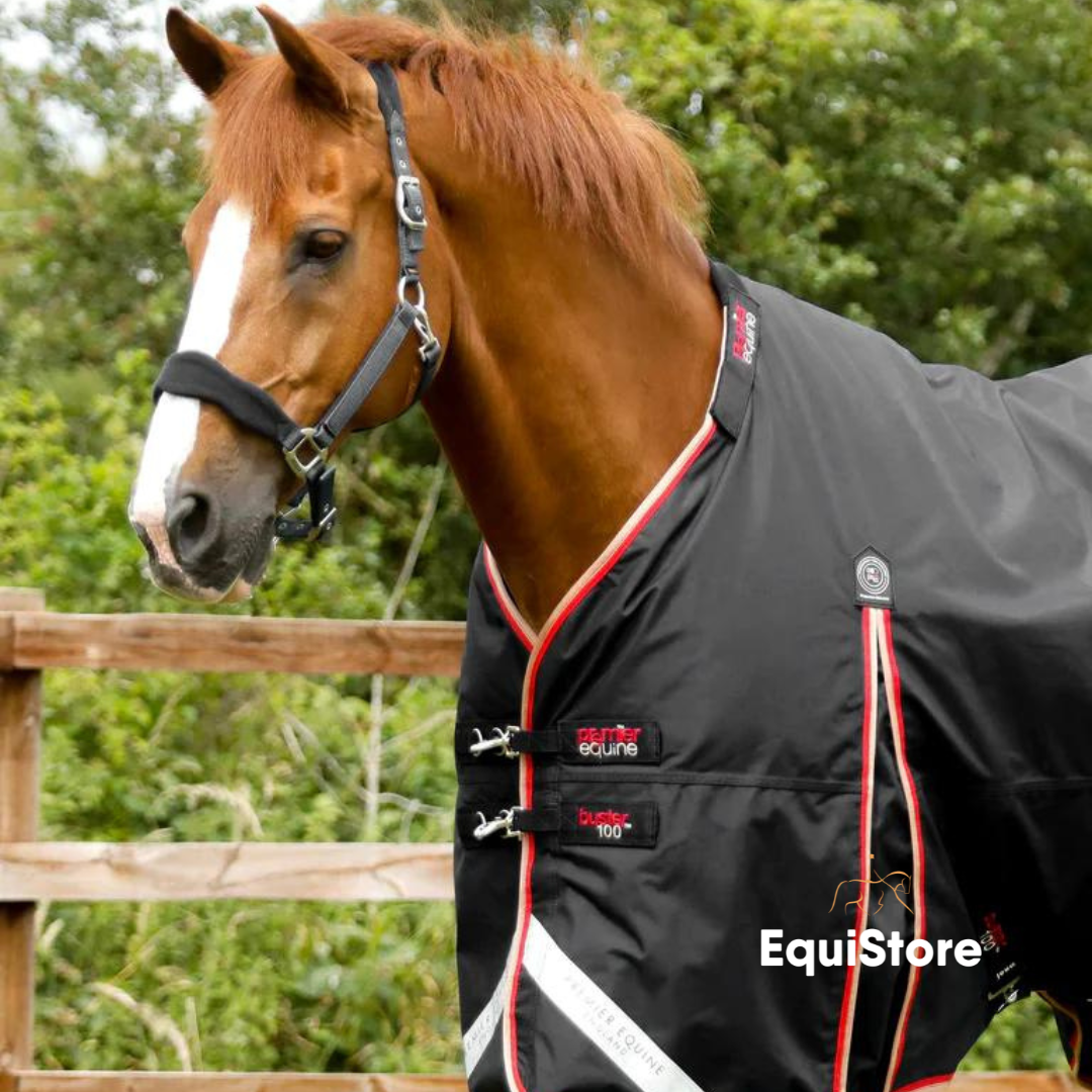 Premier Equine Buster 100g Turnout Rug with Snug-Fit Neck Cover for horses, in a black colour.