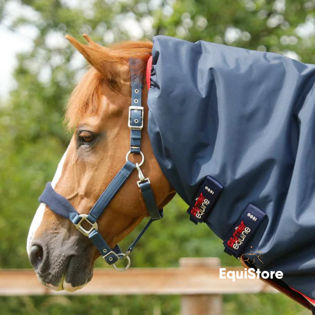 Premier Equine Buster 100g Turnout Rug with Snug-Fit Neck Cover for horses in a navy colour.