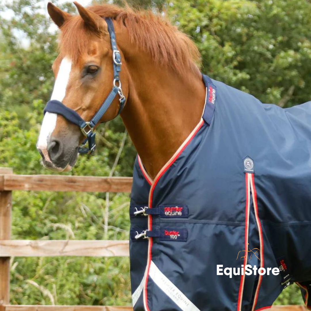 Premier Equine Buster 100g Turnout Rug with Snug-Fit Neck Cover for horses , in a navy colour
