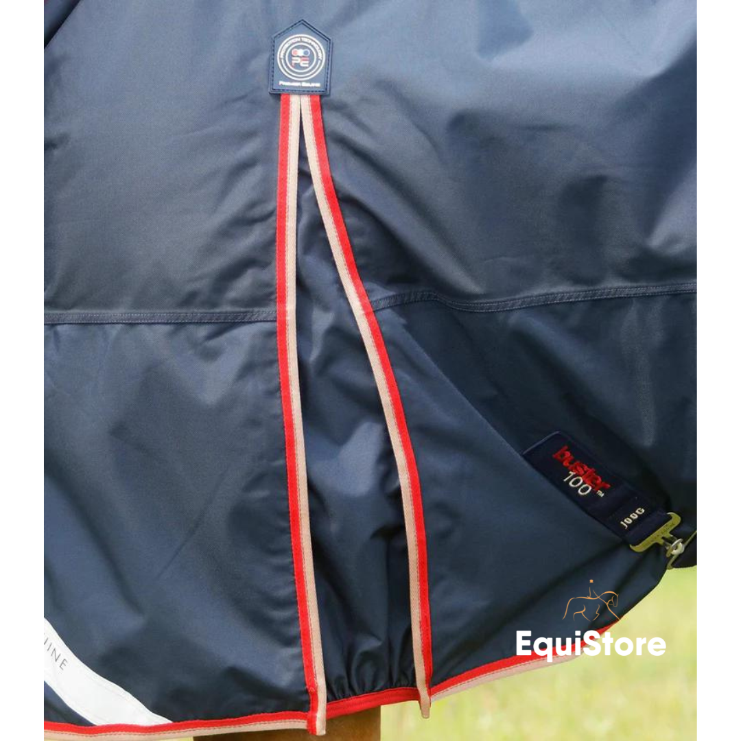 Premier Equine Buster 100g Turnout Rug with Snug-Fit Neck Cover for horses, in a navy colour.
