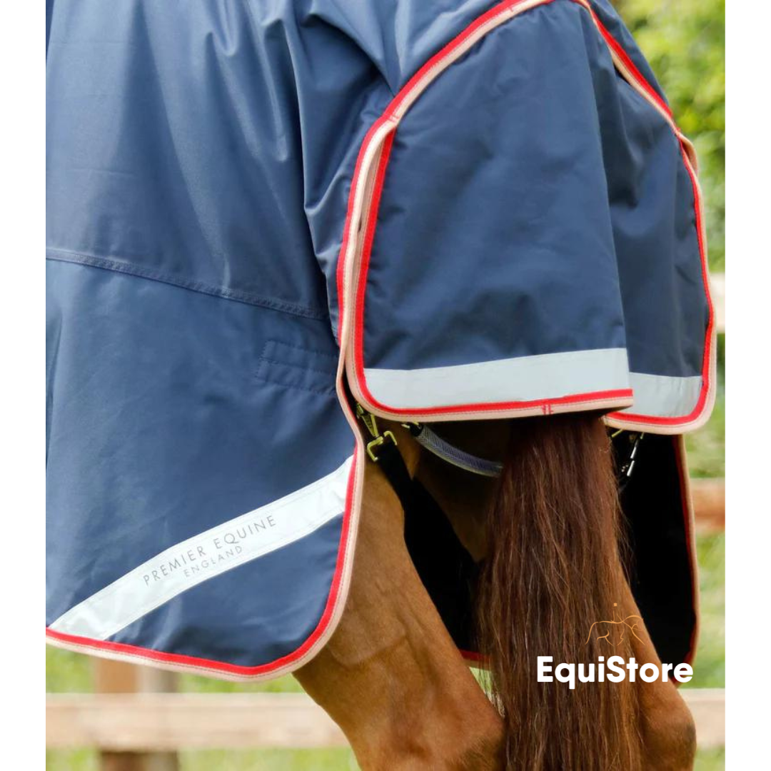 Premier Equine Buster 100g Turnout Rug with Snug-Fit Neck Cover for horses, in a navy colour. 