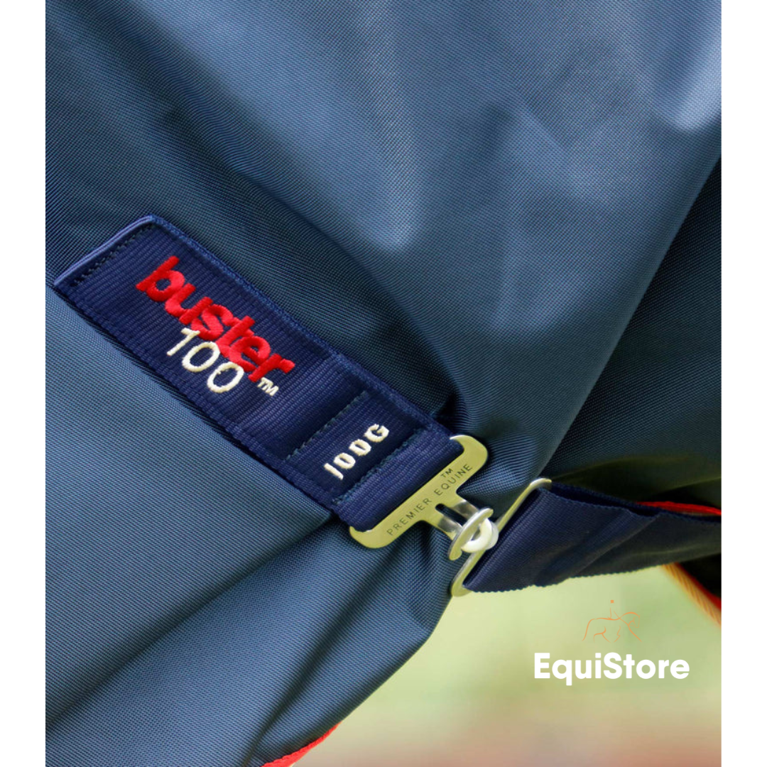 Premier Equine Buster 100g Turnout Rug with Snug-Fit Neck Cover for horses, in a navy colour. 