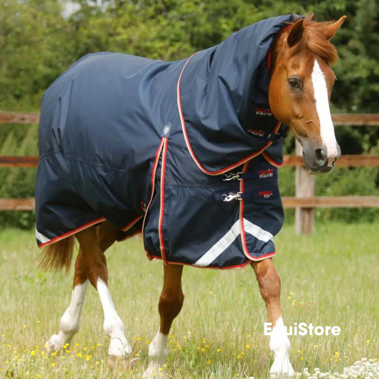 Premier Equine Buster 100g Turnout Rug with Snug-Fit Neck Cover for horses, in a navy colour