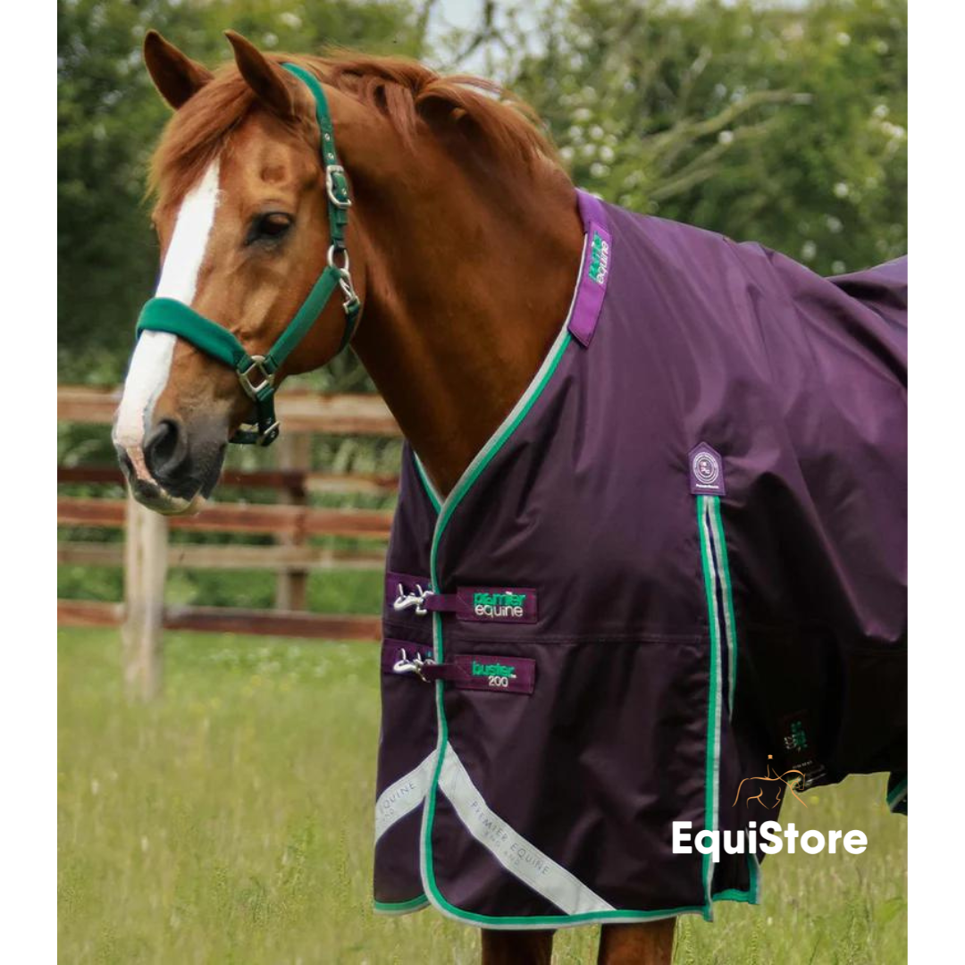 Premier Equine Buster 200g Turnout Rug with Snug-Fit Neck Cover in purple