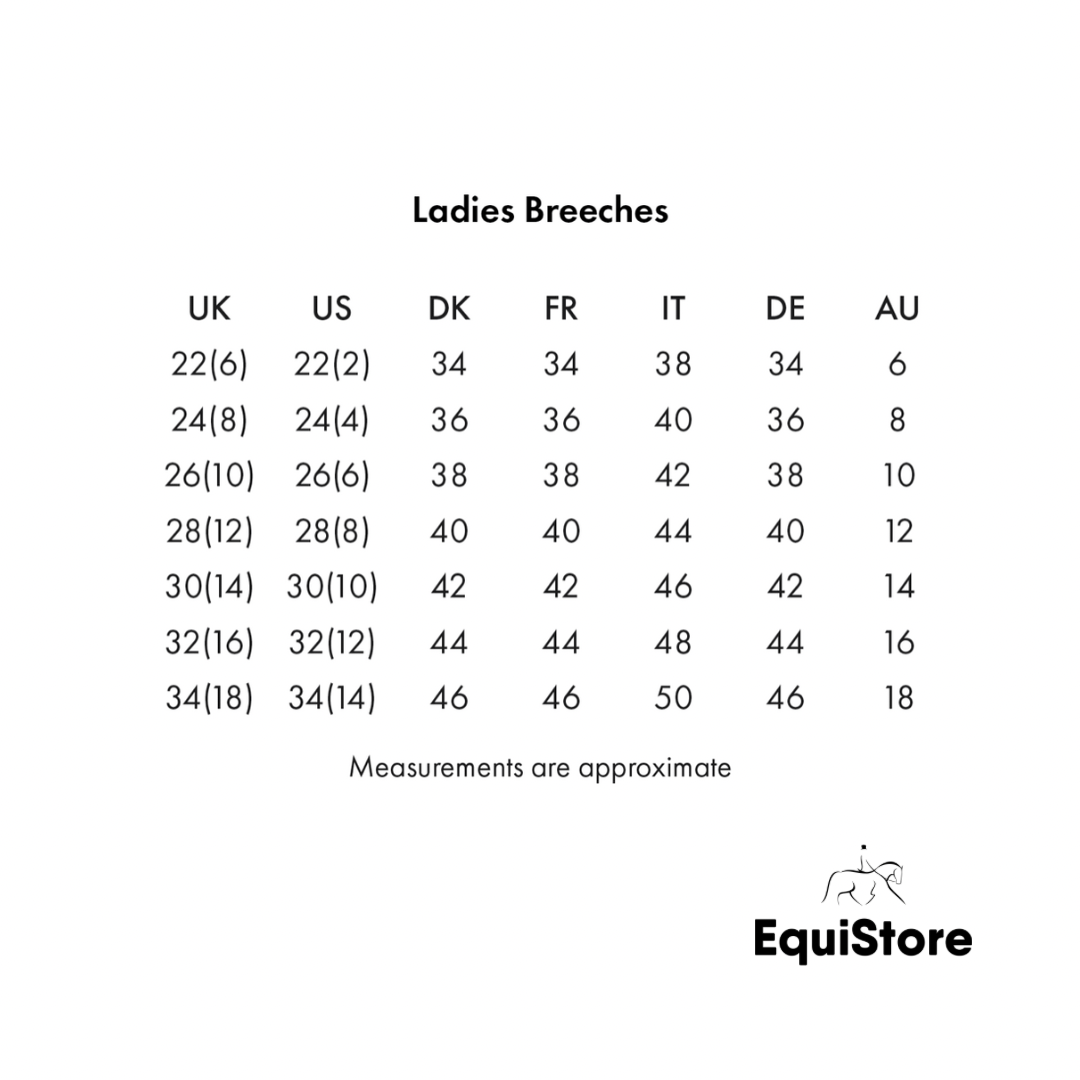 Premier Equine Mirillo Ladies Full Seat Gel Riding Tights size guide
