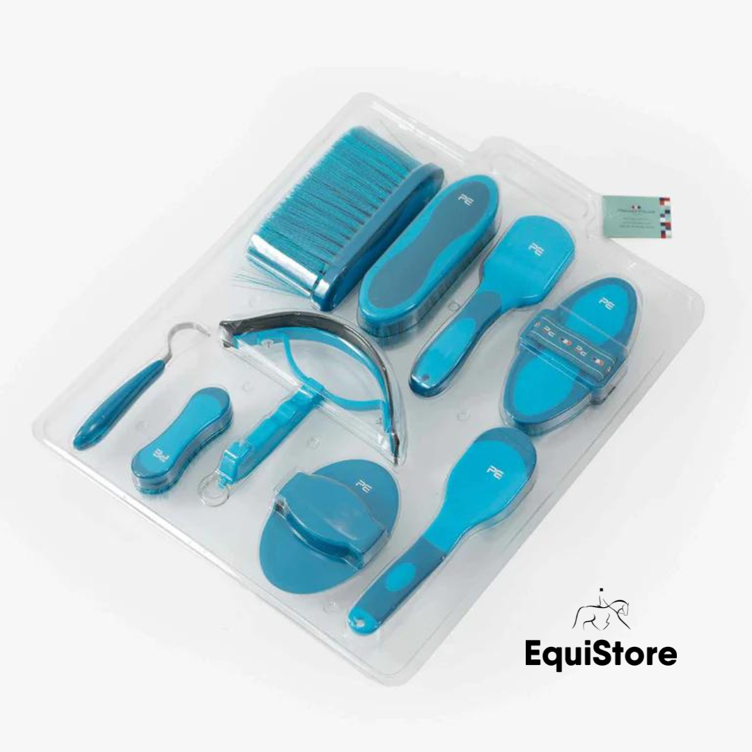 Premier Equine Soft-Touch Horse Grooming Kit Set  with 9 Pieces in med blue and peacock
