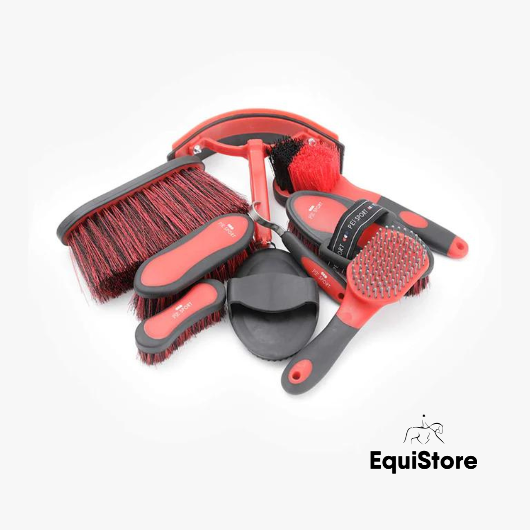Premier Equine Soft-Touch Horse Grooming Kit Set  with 9 Pieces in black and red