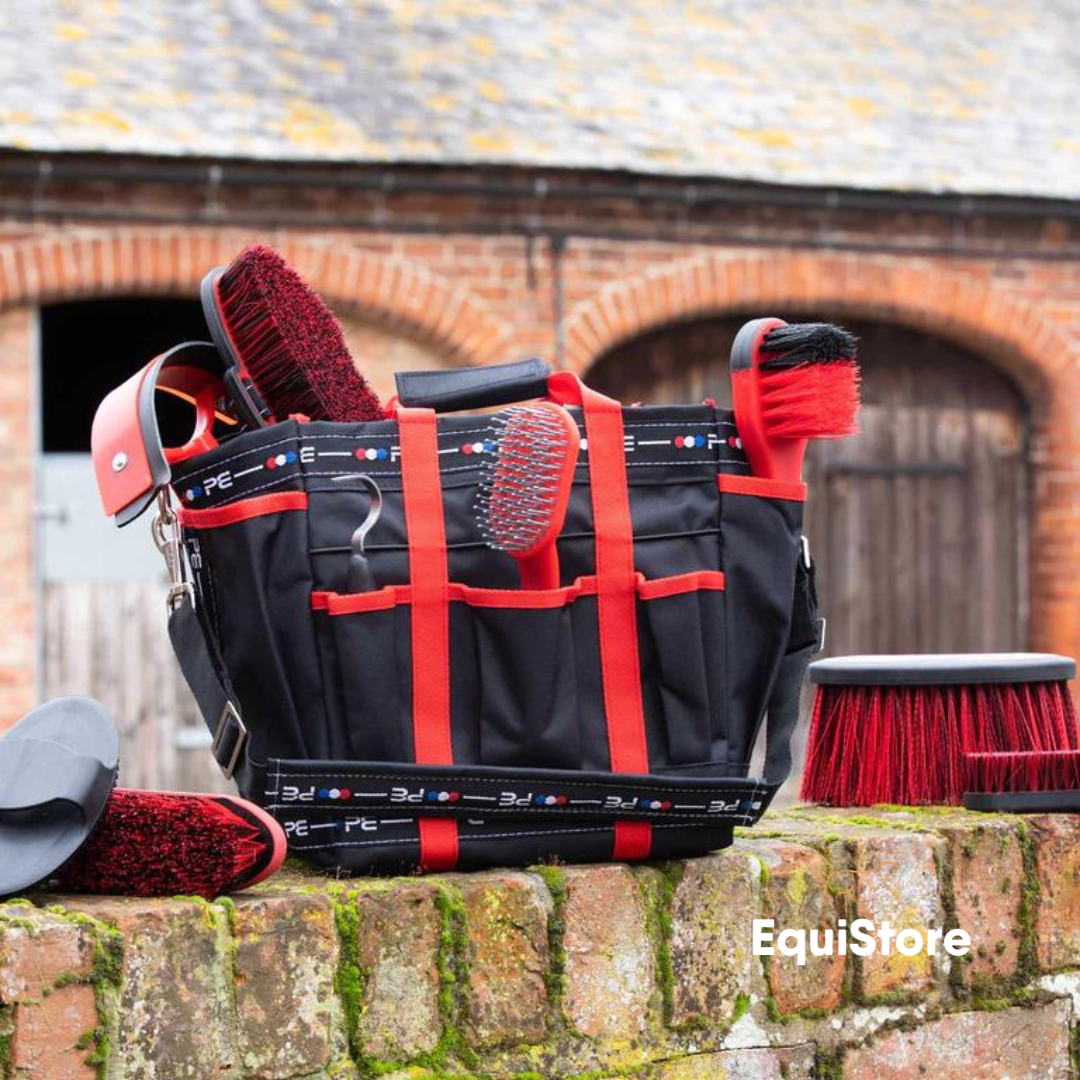 Premier Equine Soft-Touch Horse Grooming Kit Set with 9 Pieces in black and red complete with bag which can be purchased separately.