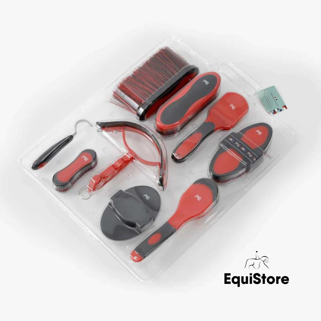 Premier Equine Soft-Touch Horse Grooming Kit Set  with 9 Pieces in black and red